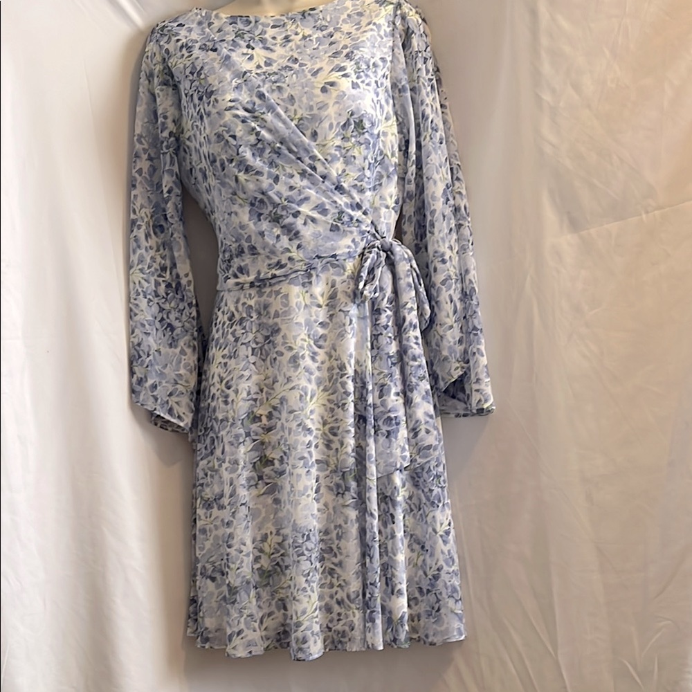 Ralph Laure Sheer Lined Floral Blue Wrap Dress. Flowy and flattering.